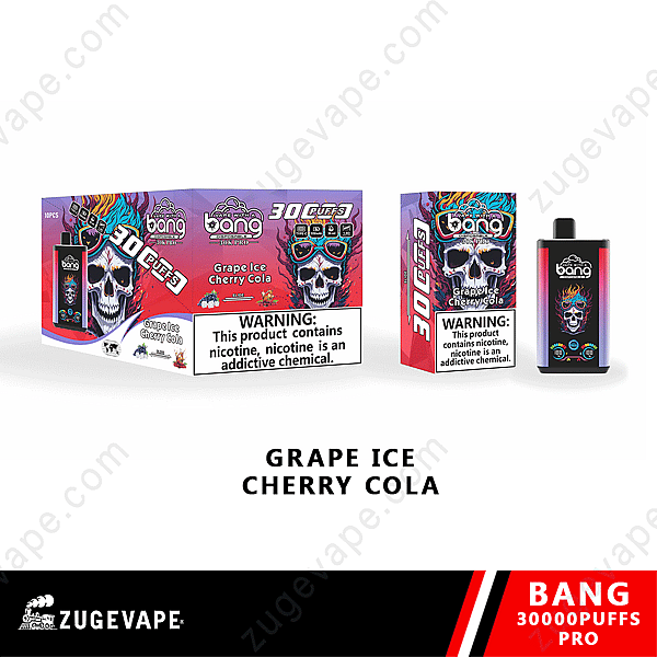 Caja y embalaje del producto de vapeo "Bang 30000 Puffs Pro" con sabor a "Grape Ice Cherry Cola", con una calavera con gafas de sol y etiquetas de advertencia que indican: "Este producto contiene nicotina, la nicotina es una sustancia química adictiva".