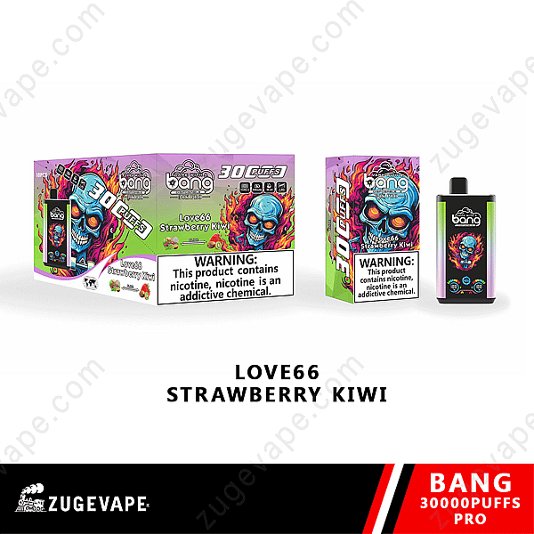 Embalaje para vaporizador desechable Bang 30000 Puffs Pro con sabor a fresa y kiwi de Love66, con un diseño de calavera y llamas y una advertencia de salud sobre el contenido de nicotina.