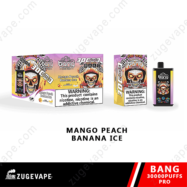 Embalaje de vape desechable Bang para sabor a mango, melocotón, plátano y hielo, con capacidad para 30 000 bocanadas y una advertencia sobre adicción a la nicotina.