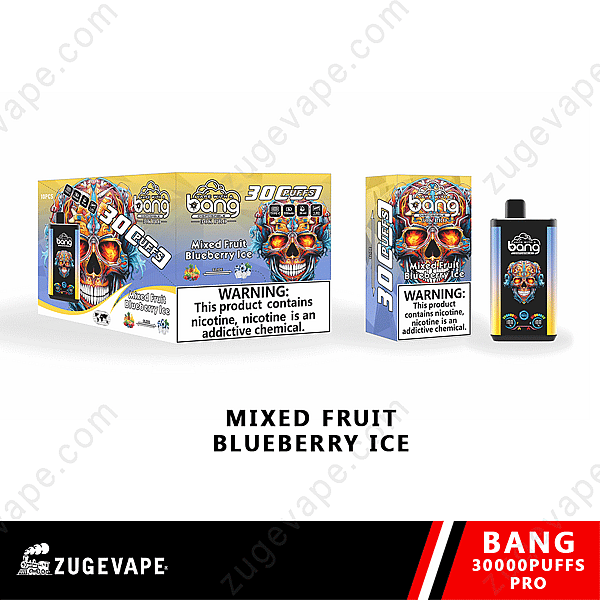 Embalaje de cigarrillo electrónico Bang 30000 Puffs Pro con sabor a helado de arándano y frutas mixtas con una advertencia sobre la adicción a la nicotina.