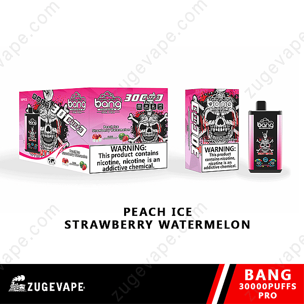 Empaque y dispositivo desechable para vapear Bang 30000 Puffs Pro en sabor a melocotón, hielo, fresa y sandía, con diseño de calavera y advertencia de nicotina.