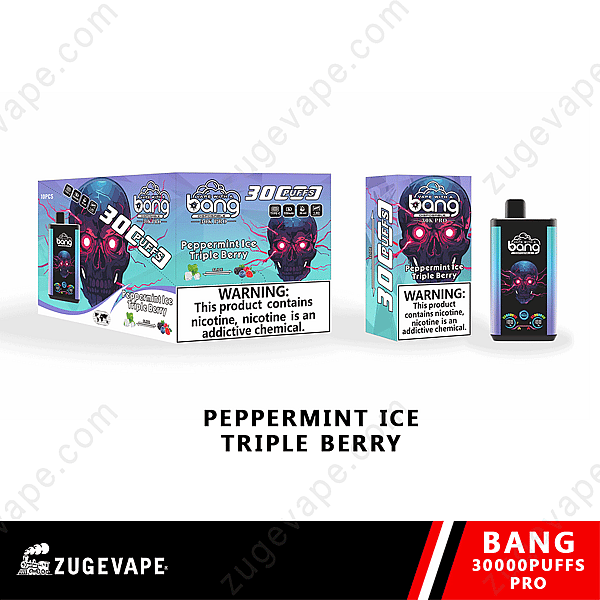 Caja y dispositivo desechables para vapear Bang 30000 Puffs Pro con sabor a menta, hielo y triple baya.