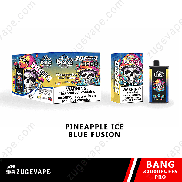 Empaque y dispositivo desechable para vapear Bang Pineapple Ice Blue Fusion con un diseño de calavera colorido y una etiqueta de advertencia de nicotina.