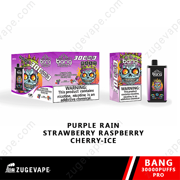 Embalaje y producto de vape Bang 30000 Puffs Pro con opciones de sabor Purple Rain, Strawberry Raspberry y Cherry-Ice, y etiqueta de advertencia de nicotina.