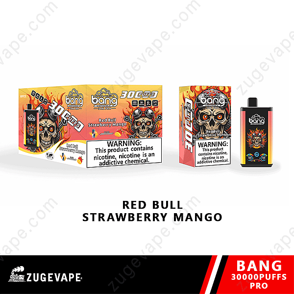 &quot;Empaque e imagen del producto de Bang 30000 Puffs Pro Vape en sabor Red Bull fresa y mango, con etiquetas de advertencia sobre el contenido de nicotina.&quot;