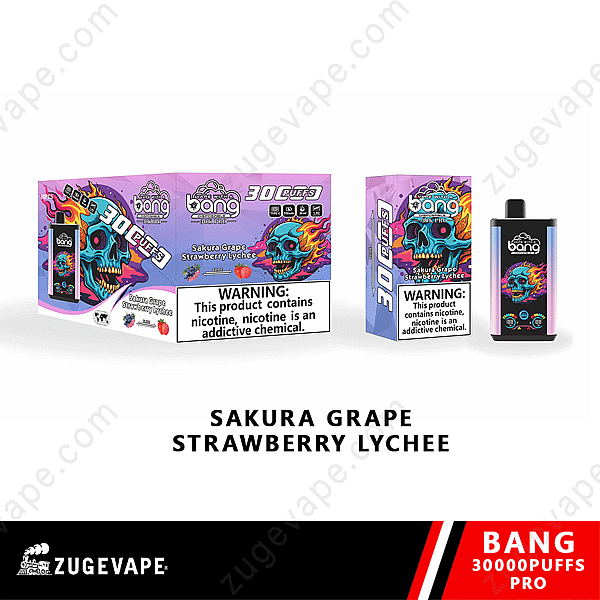 Embalaje y dispositivo de vapeo desechable Bang, sabor Sakura, uva, fresa y lichi, etiqueta de advertencia sobre la nicotina.