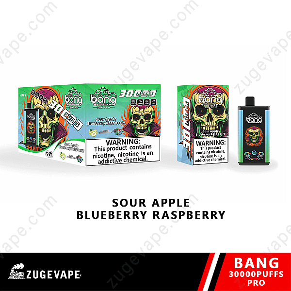 Caja Bang Vape con un diseño de calavera colorida para sabor "Manzana ácida, arándano y frambuesa", etiquetada "30 000 bocanadas". Incluye una advertencia sobre la nicotina.