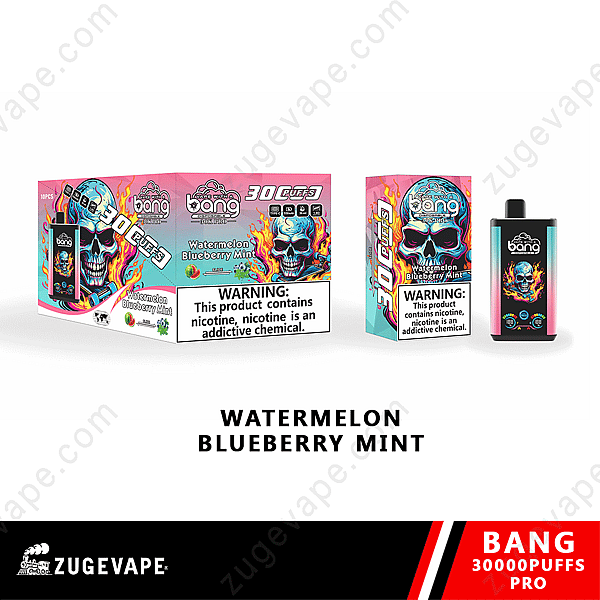 Paquete de vape desechable Bang, sabor sandía, arándano y menta, 3000 bocanadas. El paquete incluye un diseño de calavera en llamas y una etiqueta de advertencia sobre la nicotina.