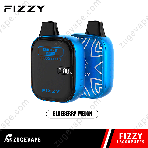 Dispositivo per svapare Fizzy da 13000 tiri al gusto di mirtillo e melone con involucro blu e contatore digitale di tiri che mostra 100%.