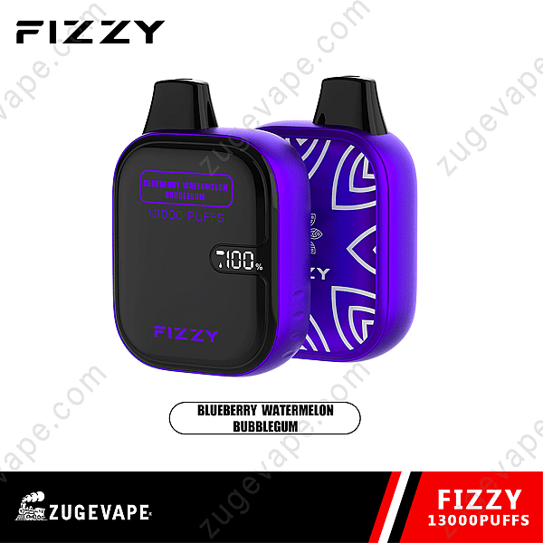 Dispositivo per svapare monouso Fizzy da 13000 tiri al gusto di mirtillo, anguria e gomma da masticare, dotato di display digitale che mostra la percentuale della batteria.