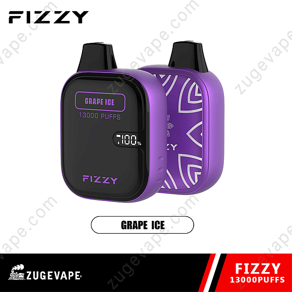 Dispositivo Fizzy Vape di colore viola con aroma &quot;Grape Ice&quot;, visualizzazione &quot;13000 boccate&quot; e indicatore digitale sulla parte anteriore.