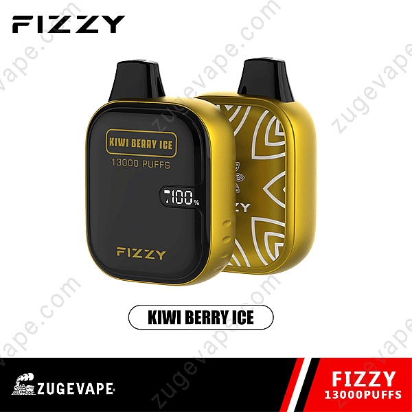 Dispositivo per svapare Fizzy Kiwi Berry Ice con 13.000 boccate e indicatore digitale della batteria, caratterizzato da un elegante design nero e giallo.