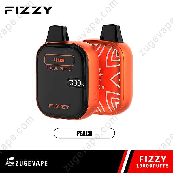 Dispositivo Fizzy Vape al gusto di pesca con 13.000 boccate, caratterizzato da un design nero e arancione, due pod e un display che mostra la batteria 100%.