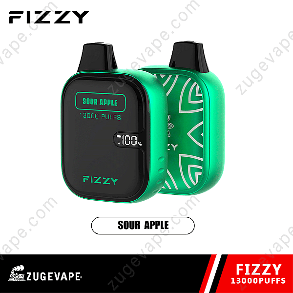 Dispositivo Fizzy Vape al gusto di mela aspra, con visualizzazione di &quot;13000 boccate&quot; e indicatore della batteria sulla parte anteriore, con una combinazione di colori verde e nero.