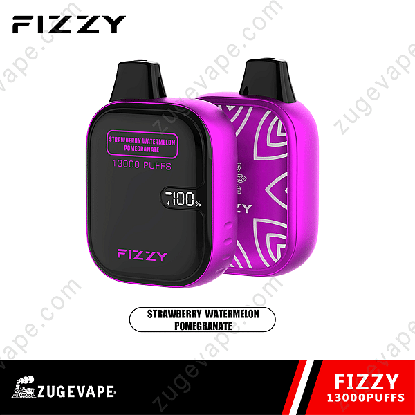 Sigaretta elettronica usa e getta frizzante di colore viola con 13.000 boccate, etichettata "Fragola, anguria, melograno" e dotata di un display che mostra la percentuale della batteria.