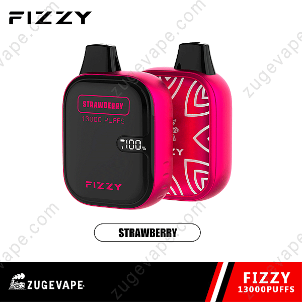 Un dispositivo per svapare frizzante rosa e nero con l'etichetta "Fragola" che può erogare 13.000 boccate e un display digitale che mostra "100%".