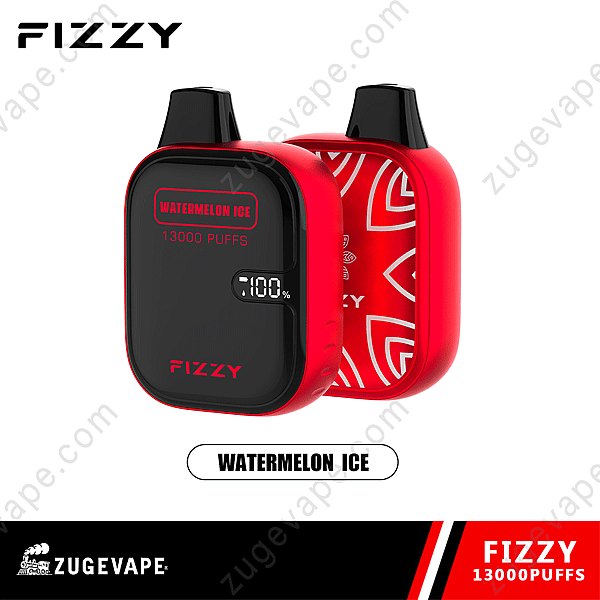 Dispositivo per svapare monouso Fizzy Watermelon Ice, 13.000 boccate, design rosso e nero con un piccolo display che mostra la percentuale della batteria.