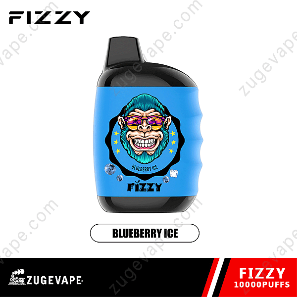 Blå Vape-enhet med ett tecknat ansikte och texten &Quot;Blåbärsis&Quot; Och &Quot;Fizzy&Quot; I svart.