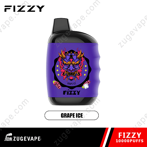 Fizzy Grape Ice Disponibel Vape med 10000 puffar, lila design med en stiliserad demonmask och druvillustrationer.