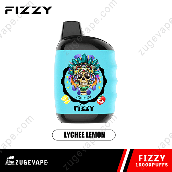 Kolsyrad Lychee Citron Vape-enhet med en blå bakgrund och en illustrerad skalle som bär en färgglad huvudbonad.