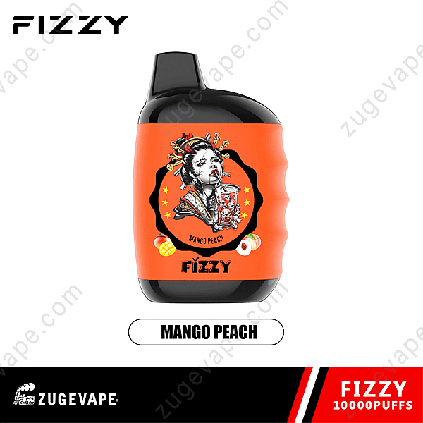 Kolsyrad disponibel vape-enhet med en &Quot;Mango Peach&Quot; Smak, med en orange etikett med en illustration av en kvinna som dricker en dryck.