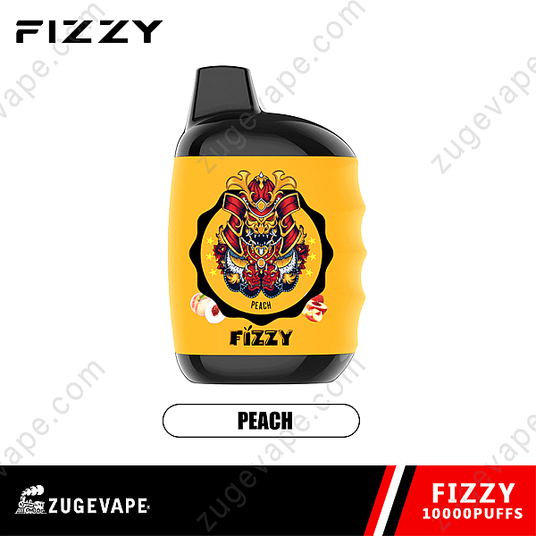 En kolsyrad vape-enhet med persikasmak, med en livfull design med en stiliserad samurajmask och persikaillustrationer på etiketten.