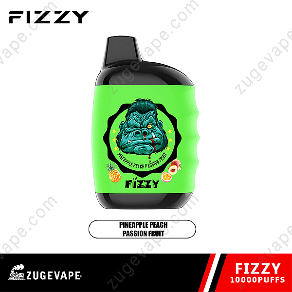 Kolsyrad Vape-enhet med en grön etikett med en gorillaillustration och text &Quot;Pineapple Peach Passion Fruit,&Quot; Marknadsför 10 000 puffar.