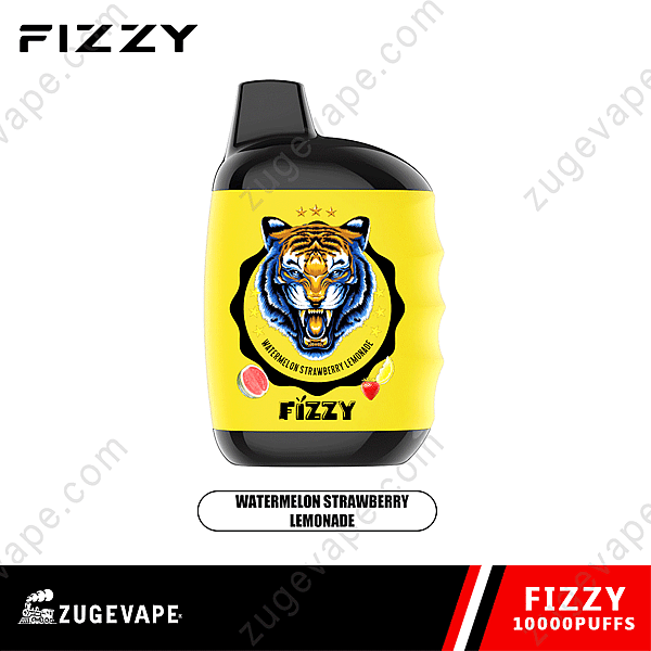 Kolsyrade 10000 puffar disponibel vape med vattenmelon jordgubbar lemonad smak och en tiger design på en gul bakgrund.