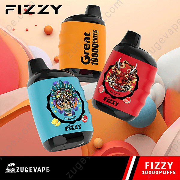 Tre färgglada vape-enheter märkta &Quot;Fizzy&Quot; Med olika design, inklusive &Quot;Great 10000 Puffs,&Quot; &Quot;Lychee citron,&Quot; Och &Quot;Vattenmelon.&Quot;