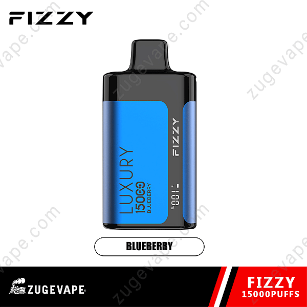 Fizzy Luxury 15000 Puff Disposable Vape in bosbessensmaak met een zwart-blauw design.