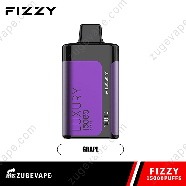 Fizzy Luxury 15000 Puffs Disposable Vape in druivensmaak met een paars en zwart design.