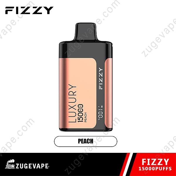 Fizzy Luxury 15000 Puffs Peach Vape-apparaat met een strak zwart en perzikkleurig design, met de merknaam en het aantal trekjes op de behuizing.