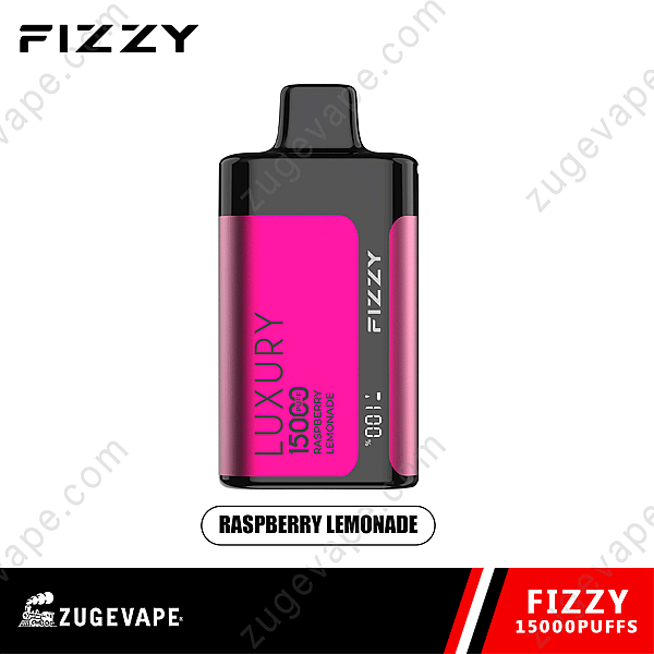 Bruisend Vape-apparaat met een roze en zwarte behuizing, gelabeld als 'Luxe 15.000 trekjes' en de smaak 'Frambozenlimonade'.