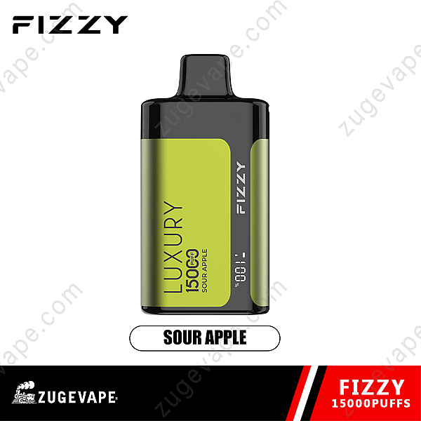 Een Fizzy Brand Vape-apparaat met het label &Quot;Luxury 15000 Puffs&Quot; met een zure appelsmaak. Het apparaat heeft een groen en zwart ontwerp met een zwart mondstuk.
