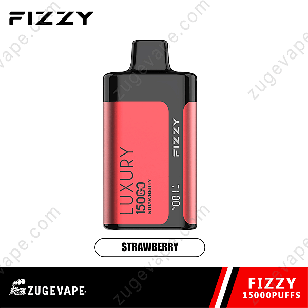 Fizzy Luxury Vape-apparaat, 15.000 trekjes, aardbeiensmaak, zwart en rood ontwerp, voorzien van het logo &Quot;Fizzy&Quot; en de tekst &Quot;Zugevape&Quot;.