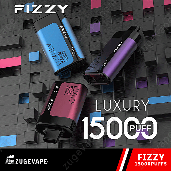 Fizzy Luxury 15000-Puff Disposable Vapes in verschillende kleuren op een gestructureerde, geometrische achtergrond met het Zugevape-logo.