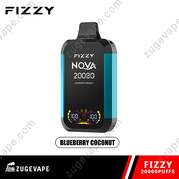 Fizzy Nqva 20000 Puffs Einweg-Vape mit Blaubeer-Kokos-Geschmack, mit einer digitalen Anzeige für Batterie- und Nutzungsindikatoren, mit dem Markennamen Zugevape.