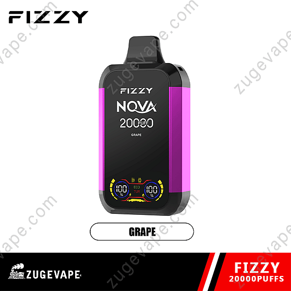 Fizzy Nova 20000 Puffs Grape Einweg-Vape mit schwarzer Vorderseite, violetten Seiten, Digitalanzeige und ergonomischem Mundstück.