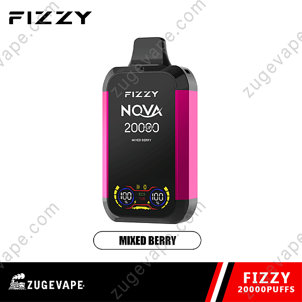 Fizzy Nova Vape-Gerät mit 20.000 Zügen im gemischten Beerengeschmack, präsentiert in einem rosa-schwarzen Design und einem digitalen Zugzähler an der Unterseite.