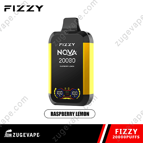 Fizzy Nova 20000 Puff Einweg-Vape-Gerät mit Himbeer-Zitronen-Geschmack und digitaler Anzeige, mit der Marke Zugvape.com versehen.