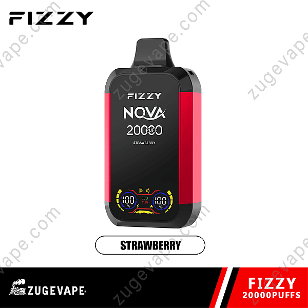 Ein rot-schwarzes Vape-Gerät mit der Aufschrift „Fizzy Nova 20000 Puffs“ und Erdbeergeschmack sowie digitalen Anzeigen an der Unterseite.