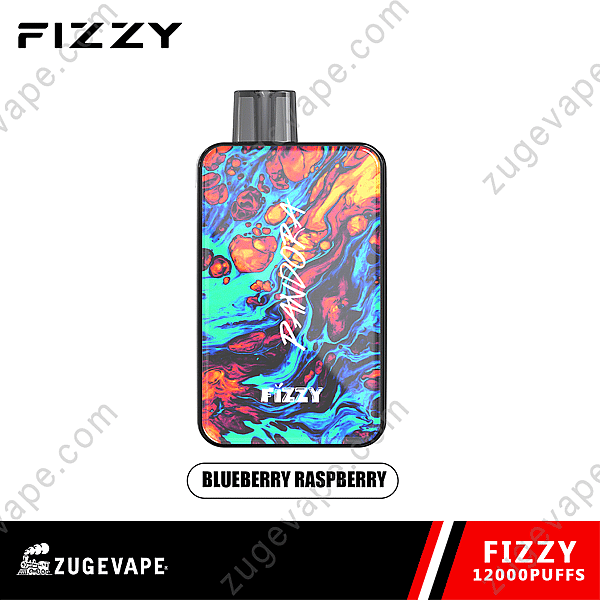 Dispositivo per svapo monouso Fizzy Pandora da 12000 tiri al gusto di mirtillo e lampone con un colorato disegno astratto sulla parte anteriore.