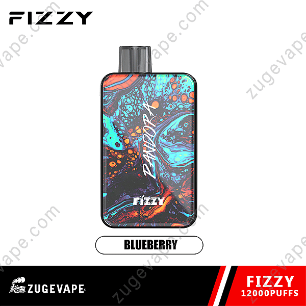 Sigaretta elettronica usa e getta Fizzy Pandora con un colorato motivo astratto con l'etichetta "Mirtillo" e una capacità di 12.000 boccate.