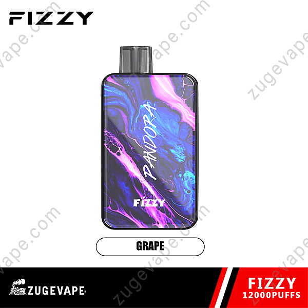 Dispositivo per svapare Fizzy Pandora al gusto di uva con un design astratto nero, viola e rosa, etichettato &quot;Fizzy 12000 Puffs&quot;.