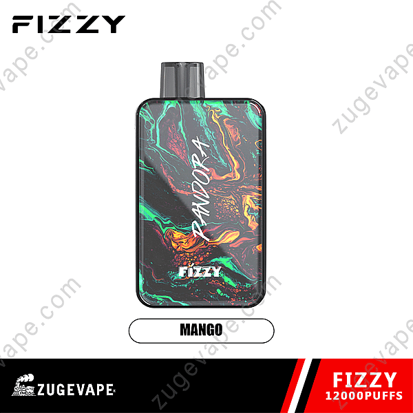 Dispositivo per svapare Fizzy Pandora con un design astratto colorato con l'etichetta "Mango" e il marchio "Fizzy 12000 Puffs".