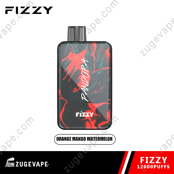 Dispositivo elettronico per svapare etichettato &quot;Fizzy&quot; con un design di motivi vorticosi rossi e neri, caratterizzato dal testo &quot;Pandora&quot; e dal sapore &quot;Orange Mango Watermelon&quot;.