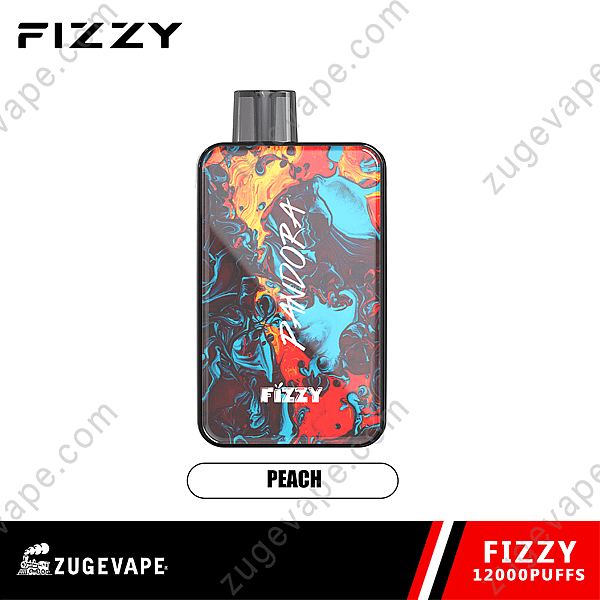 Dispositivo per svapare frizzante Pandora con un design astratto colorato, etichetta "Aroma pesca" e "12000 boccate" sul fondo.