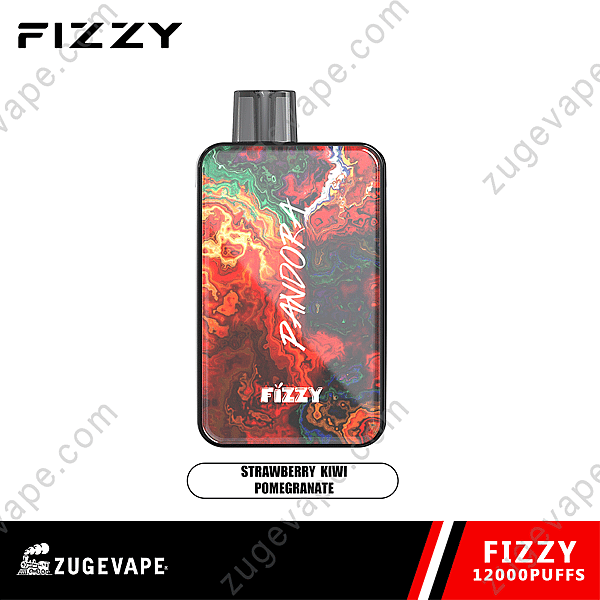 Dispositivo per svapare frizzante Pandora con un vivace design astratto rosso, arancione e verde con l'etichetta "Fragola, Kiwi e Melograno" e "12000 boccate" sul fondo.