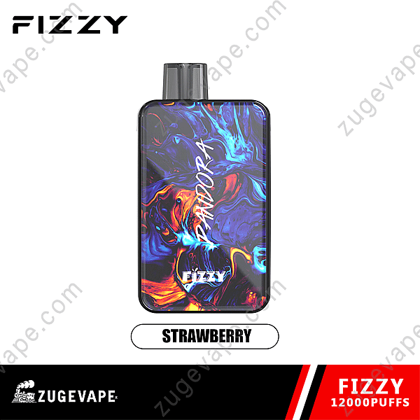 Dispositivo per svapare frizzante Pandora con design astratto colorato, etichetta &quot;Fragola&quot; e &quot;12.000 boccate&quot;.