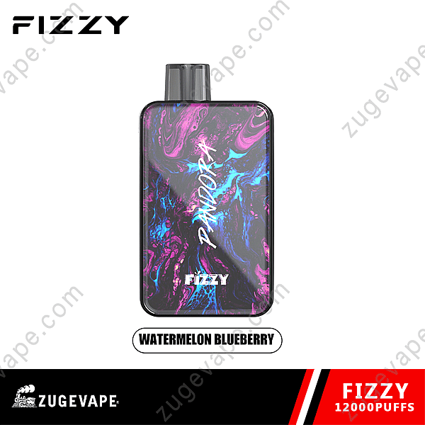 Dispositivo per svapare frizzante Pandora al gusto di anguria e mirtillo, con capacità di 12.000 boccate e design astratto nero, rosa e blu.